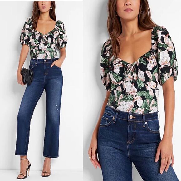 Express Tops - NWT Express Floral Eyelet Puff Sleeve Bodysuit